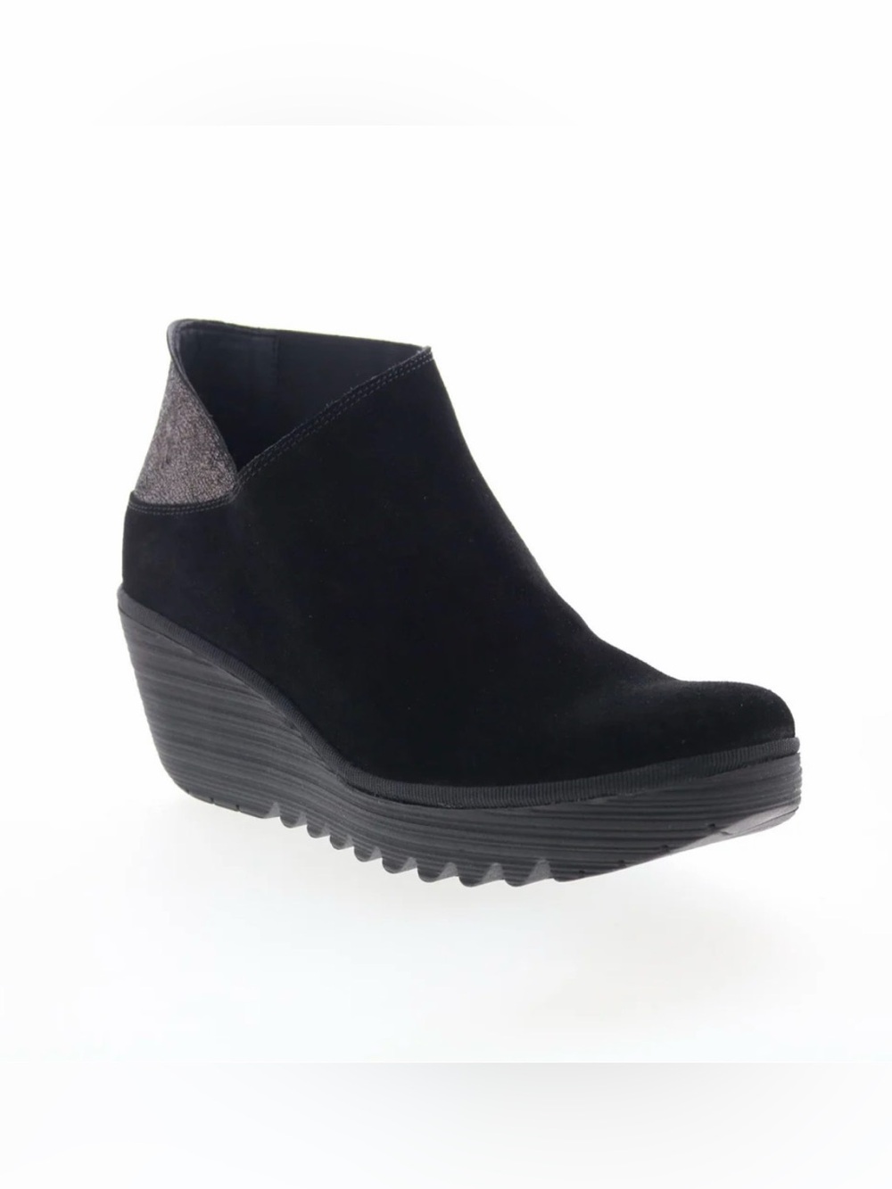 Fly London Black Suede Wedge Ankle Bootie
